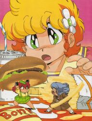  1980s_(style) 3girls arms_up bendy_straw blonde_hair blue_hair burger carrying_overhead chibi cup daitokuji_biko disposable_cup drink drinking_straw employee_uniform fast_food fast_food_uniform fighting flower food french_fries green_eyes hair_flower hair_ornament hat holding holding_burger holding_food kotobuki_shiiko legs_apart long_hair magami_eiko mini_person minigirl multiple_girls non-web_source official_art open_mouth project_a-ko red_eyes red_hair retro_artstyle scan short_hair skirt 