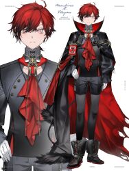  1boy absurdres ascot bishounen black_pantyhose black_shorts closed_mouth english_text full_body gloves highres holostars holostars_english id_card looking_at_viewer machina_x_flayon male_focus pantyhose red_ascot red_hair shokuen_(oxstl) short_hair shorts simple_background solo virtual_youtuber white_background white_gloves zoom_layer 