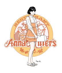  1girl anna_miller apron artist_name back_hair black_eyes buttons collared_shirt commentary_request eguchi_hisashi full_body highres holding light_smile logo looking_ahead orange_apron orange_skirt original puffy_short_sleeves puffy_sleeves shirt shoes short_hair short_sleeves skirt solo waitress white_shirt white_shoes 