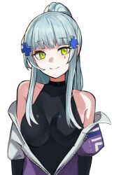  1girl bare_shoulders black_gloves blue_hair breasts clothes_pull commentary_request cross elbow_gloves facepaint girls'_frontline_2:_exilium girls_frontline gloves green_eyes hair_ornament hairclip highres hk416_(girls'_frontline) iron_cross jacket jacket_pull klukai_(girls'_frontline_2) long_hair medium_breasts ponytail purple_jacket smile solo solokitsune teardrop upper_body very_long_hair 