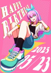  1girl absurdres aubrey_(faraway)_(omori) aubrey_(omori) black_socks blue_eyes blue_hairband blue_skirt commentary_request crop_top dated denim denim_skirt hairband happy_birthday highres jacket long_hair long_sleeves looking_at_viewer omori open_clothes open_jacket open_mouth pink_hair rami_1300 shoes skirt smile sneakers socks solo teeth upper_teeth_only white_jacket 