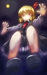  1girl blonde_hair danbo_(rock_clime) from_below hair_ribbon highres moonlight necktie red_eyes ribbon rumia solo touhou 