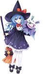  1girl blue_eyes blue_hair broom date_a_live halloween_costume hat highres ribbon solo tsunako witch_hat yoshino_(date_a_live) yoshinon 