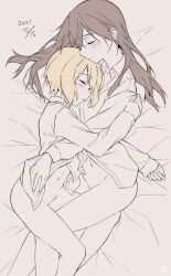 2girls blonde_hair blush brown_hair closed_eyes commentary_request erica_hartmann feet_out_of_frame gertrud_barkhorn hair_down highres hug jacket long_hair lying military_uniform monochrome multiple_girls no_pants on_bed saki_hajime short_hair sleeping strike_witches world_witches_series yuri 