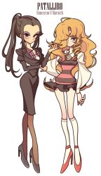  2girls ahoge aqua_eyes arm_across_waist arm_at_side bad_id bad_pixiv_id black_hair black_jacket black_nails black_shoes black_skirt blonde_hair blue_eyes blush breasts character_name cigarette collared_shirt commentary copyright_name curtained_hair expressionless eyelashes eyeshadow forehead full_body genderswap genderswap_(mtf) hand_on_own_hip hand_up high_heels high_ponytail highres jack_barbarosa_bancoran jacket kneehighs long_hair long_sleeves looking_at_viewer makeup maraich_juschenfe medium_breasts meremero miniskirt multiple_girls necktie pale_skin pantyhose patalliro! pencil_skirt pink_vest pinstripe_pattern pinstripe_shirt ponytail puffy_long_sleeves puffy_sleeves purple_eyeshadow purple_shirt red_shoes shirt shoes simple_background skirt skirt_suit smile smoking socks stiletto_heels strappy_heels striped_clothes striped_vest suit suit_jacket very_long_hair vest wavy_hair white_background white_necktie white_shirt white_socks widow's_peak 
