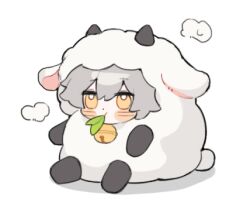  1boy animal_costume animal_ears bell blush caelus_(honkai:_star_rail) chibi chibi_only closed_mouth commentary_request eating fake_animal_ears fake_horns fake_tail full_body grey_hair hair_between_eyes half-closed_eyes honkai:_star_rail honkai_(series) horns leaf leonrui looking_to_the_side lowres male_focus neck_bell shadow sheep_costume sheep_ears sheep_horns sheep_tail short_hair simple_background sitting solo tail trailblazer_(honkai:_star_rail) white_background yellow_eyes 