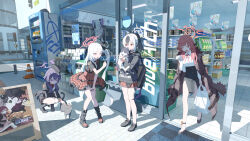  3d_background 4girls absurdres animal aru_(blue_archive) automatic_door backpack bag black_choker black_hair black_hoodie black_horns black_jacket black_shirt black_skirt blue_archive breasts bright_pupils brown_coat brown_horns cat choker coat coat_on_shoulders commentary convenience_store demon_horns demon_wings fanshuimucishen frilled_skirt frills fur-trimmed_coat fur_trim garrison_cap grey_halo hair_between_eyes hair_ornament hairclip halo haruka_(blue_archive) hat highres holding holding_animal holding_bag holding_receipt hood hoodie horns jacket kayoko_(blue_archive) large_breasts long_hair low_horns low_wings miniskirt multicolored_hair multiple_girls mutsuki_(blue_archive) neck_ribbon open_mouth orange_eyes orange_halo outdoors pink_hair plaid_clothes plaid_skirt plastic_bag problem_solver_68_(blue_archive) purple_hair purple_halo receipt red_eyes red_halo red_ribbon red_skirt ribbon road shirt shop side_ponytail sidewalk single_wing skirt squatting standing storefront thigh_strap two-tone_hair urban vending_machine violet_eyes white_hair white_pupils white_shirt wings 