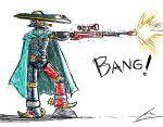  1boy amputee borockman cape firing gun hat_over_eyes mighty_no._8 mighty_no._9 missing_limb mouth_hold muzzle_flash rifle robot scope sniper_rifle solo sombrero spurs weapon 