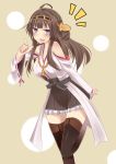  1girl ahoge bare_shoulders blush brown_hair highres kantai_collection kongou_(kantai_collection) open_mouth personification simple_background solo thighhighs zettai_ryouiki 