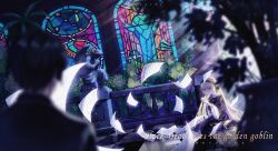  1boy 1girl absurdres angel_statue arched_window artist_name black_dress black_hair black_headdress blonde_hair blue_eyes blurry blurry_foreground bush checkered_floor commentary_request dress dutch_angle english_text flying_paper gosick goth_fashion gothic_lolita hand_up headdress highres holding holding_smoking_pipe indoors kujou_kazuya lace-trimmed_sleeves lace_trim lolita_fashion long_dress long_hair looking_at_object palm_tree paper plant potted_plant reflective_floor short_hair sitting smoking_pipe stained_glass teardrops_(user_vgvd7733) tree very_long_hair victorica_de_blois wide_shot window 