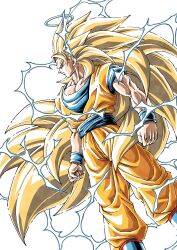 1boy 5yj9qhslw5jg7mg blonde_hair blue_boots blue_bow blue_halo blue_sash blue_shirt blue_wrist_cuffs boots bow clenched_hands commentary_request dougi dragon_ball dragon_ball_z electricity feet_out_of_frame green_eyes halo highres long_hair male_focus muscular muscular_male no_eyebrows orange_pants orange_shirt pants profile sash shirt simple_background solo son_goku spiky_hair super_saiyan_3 white_background wrist_cuffs