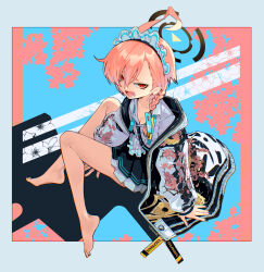  1girl absurdres ahoge backlighting barefoot between_legs black_nails blue_archive blue_background border braid breasts brown_halo cleaning_&amp;_clearing_(blue_archive) collarbone eudetenis fangs floral_print from_above grey_border halo hand_between_legs hands_on_floor highres huge_ahoge jacket long_sleeves looking_at_viewer maid_headdress mole mole_under_eye nail_polish neru_(blue_archive) open_mouth outdoors pink_background pink_hair pleated_skirt print_jacket red_eyes road school_uniform shirt short_hair single_braid sitting skirt small_breasts solo sukajan tag three-toned_background white_shirt 
