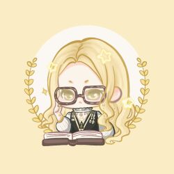  1girl adjusting_eyewear animated animated_gif black_vest blonde_hair brown-framed_eyewear chibi chinese_commentary circle commentary_request cropped_torso determined eyelashes frilled_shirt_collar frills frown galaxy_ode_(shining_nikki) glasses green_eyes long_hair long_sidelocks long_sleeves looping_animation nikki_(series) parted_lips puffy_long_sleeves puffy_sleeves reading reflective_eyewear shining_nikki shirt sidelocks simple_background solo sparkle star_(symbol) turtleneck turtleneck_shirt v-shaped_eyebrows very_long_hair vest wavy_hair wheat white_shirt xiaoyu_qixing yellow_background 