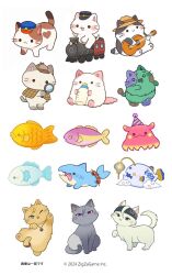  :3 :d ;3 ;d acoustic_guitar anglerfish animal animal_focus ayu_(mog) baby_bottle blue_eyes bottle brown_hat cat character_request closed_mouth commentary_request copyright_notice fish green_hat grey_cat guitar hat highres holding holding_magnifying_glass instrument magnifying_glass no_humans official_art one_eye_closed open_mouth orange_hat shark simple_background smile solid_circle_eyes tokyo_debunker train whiskers white_background white_cat zombie 