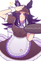  1girl alternate_costume animal_ears apron black_hair blush breasts brown_shirt brown_skirt closed_mouth commentary_request fenomeno_(umamusume) hat highres holding holding_tray horse_ears horse_girl long_hair looking_at_viewer medium_breasts multicolored_hair neckerchief puffy_short_sleeves puffy_sleeves purple_hair purple_neckerchief sailor_collar salute shirt short_sleeves skirt smile tray umamusume violet_eyes visor_cap w3n6e waitress white_apron white_sailor_collar white_wrist_cuffs wrist_cuffs 