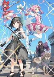  4girls :3 :o absurdres animal animal_on_shoulder bird bird_on_shoulder black_bow black_dress black_hair black_shoes blue_shoes blunt_bangs blush bow breasts brown_eyes cleavage_cutout clenched_hand closed_eyes closed_mouth clothing_cutout collared_dress commentary_request detached_sleeves dog double_bun dress flat_chest flats floating flower futarishizuka_(sasaki_to_p-chan) gloves green_eyes hair_bun hair_flower hair_ornament highres holding holding_phone holding_rod japanese_clothes java_sparrow kantoku kimono leg_bow long_hair long_sleeves looking_at_viewer magical_black_(sasaki_to_p-chan) magical_girl magical_pink_(sasaki_to_p-chan) magical_red_(sasaki_to_p-chan) military_vehicle missile multiple_girls official_art open_hand open_mouth outstretched_arm p-chan_(sasaki_to_p-chan) phone pink_hair pink_shoes purple_kimono red_bow red_dress red_eyes red_hair rod sasaki_to_p-chan sash ship shoes short_sleeves sidelocks sky sleeveless sleeveless_dress small_breasts smile standing striped_bow talking_on_phone thigh-highs twintails underbust v-shaped_eyebrows warship watercraft white_bow white_gloves white_sash white_thighhighs wide_sleeves 