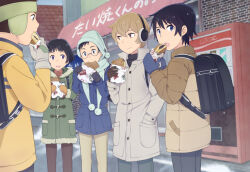  5boys backpack bag black_hair blue_coat blue_mittens boku_dake_ga_inai_machi brown_coat brown_eyes brown_gloves brown_hair coat coca-cola commentary_request earmuffs eating food fujinuma_satoru gloves green_coat grey_coat grey_gloves jacket kazu_(boku_dake_ga_inai_machi) kobayashi_kenya mairu_(582284310) male_focus mittens multiple_boys osamu_(boku_dake_ga_inai_machi) outdoors pants randoseru short_hair smile sugita_hiromi taiyaki vending_machine violet_eyes wagashi winter_clothes yellow_jacket 