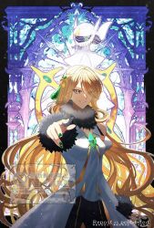  1girl arceus blonde_hair breasts cynthia_(pokemon) feet_out_of_frame green_eyes hair_ornament hair_over_one_eye long_hair looking_at_viewer medium_breasts nail_polish open_mouth pokemon pokemon_(creature) pokemon_dppt sakaralalala standing teeth watermark 