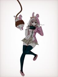  1girl absurdres black_shirt black_thighhighs bow brown_skirt cosplay danganronpa_(series) danganronpa_2:_goodbye_despair diaper dress_shirt ear_bow gushagushap handheld_game_console highres holding holding_handheld_game_console hood hood_up jacket miniskirt monomi_(danganronpa) monomi_(danganronpa)_(cosplay) nanami_chiaki neck_ribbon open_clothes open_jacket pink_jacket pink_ribbon pleated_skirt ribbon shirt simple_background skirt thigh-highs white_background white_jacket white_shirt 