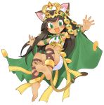  1girl animal_ears ankle_lace-up anklet armpits barefoot bastet_(p&amp;d) blush_stickers cat_ears cat_tail cross-laced_footwear dark_skin egyptian fang feet green_eyes happy highres jewelry long_hair midriff open_mouth oyatsu_(mk2) puzzle_&amp;_dragons simple_background smile soles solo tail toes white_background 