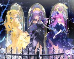  3girls ;d ahoge animal_ears black_dress black_gloves blonde_hair blue_dress blue_hair center-flap_bangs closed_mouth clothes_lift clothing_cutout colored_inner_hair commentary_request crown demon_girl demon_tail double-parted_bangs dress ear_piercing elbow_gloves evening_gown frilled_dress frills gloves gradient_hair green_eyes hair_ornament hair_rings halter_dress halterneck harui_(hr_x9_) heterochromia highres himemori_luna holoforce hololive horns long_hair looking_at_viewer mini_crown multicolored_hair multiple_girls off-shoulder_dress off_shoulder official_art one_eye_closed one_side_up open_mouth piercing pink_hair pointy_ears pom_pom_(clothes) pom_pom_hair_ornament ponytail puffy_short_sleeves puffy_sleeves purple_hair sheep_ears sheep_girl sheep_horns sheep_tail short_sleeves shoulder_cutout sidelocks single_hair_ring skirt skirt_lift sleeveless sleeveless_dress smile tail tail_ornament tail_piercing tokoyami_towa tsunomaki_watame very_long_hair violet_eyes virtual_youtuber wavy_hair yellow_dress 