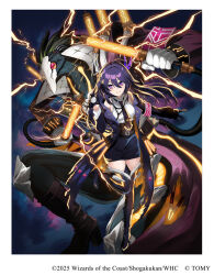  1girl 2025 ahoge belt black_belt black_boots black_gloves black_necktie blue_skirt boots border brown_thighhighs closed_mouth coat commentary_request copyright_notice duel_masters duel_masters_play's electricity gloves hair_between_eyes high-waist_skirt holding holding_stethoscope holding_weapon long_hair looking_at_viewer monster necktie noin_(duel_masters) official_art purple_coat purple_hair shirt skirt sleeveless sleeveless_shirt standing standing_on_one_leg stethoscope stethoscope_around_neck thigh-highs tokiti violet_eyes weapon white_border white_gloves white_shirt 