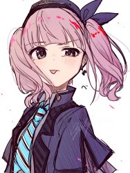 1girl ayataka_syumimi blue_hat blue_jacket blue_necktie commentary_request earrings girls_band_cry grey_eyes hat highres hina_(girls_band_cry) jacket jewelry looking_at_viewer medium_hair necktie pink_hair simple_background solo tongue tongue_out twintails white_background 