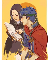  2boys black_hair blue_hair book cape commentary english_commentary facial_mark fire_emblem fire_emblem:_path_of_radiance forehead_mark green_headband headband holding holding_book hoskky ike_(fire_emblem) long_hair male_focus multiple_boys open_book red_cape red_eyes short_hair soren_(fire_emblem) 