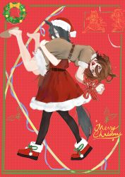  2girls absurdres agnes_tachyon_(umamusume) animal_ears belt black_belt black_pantyhose blonde_hair bound bound_arms bound_wrists breasts brown_dress brown_hair carrying carrying_over_shoulder carrying_person christmas_wreath commentary_request dress fur-trimmed_headwear fur-trimmed_shoes fur_trim hair_between_eyes hat highres horse_ears horse_girl horse_tail long_bangs long_hair_between_eyes manhattan_cafe_(umamusume) medium_breasts medium_hair merry_christmas multiple_girls over_shoulder pantyhose pink_sandals red_dress red_eyes red_hat red_ribbon red_shoes ribbon sandals santa_costume santa_hat shoes short_hair short_sleeves sweatdrop tail umamusume unti_brbr wreath yellow_eyes 