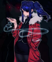  1girl black_background black_pantyhose black_skirt blue_hair cigarette closed_mouth coat commentary english_commentary fur-trimmed_coat fur_trim gift_art hand_in_pocket highres holding holding_cigarette jill_stingray long_hair pantyhose pencil_skirt red_coat red_eyes rory-hb sidelocks skirt smoke solo twintails va-11_hall-a zoom_layer 
