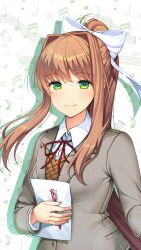  1girl blush brown_hair brown_sweater_vest closed_mouth collared_shirt doki_doki_literature_club doki_doki_literature_club_school_uniform eyelashes green_eyes grey_jacket hair_intakes hair_ribbon heart highres holding holding_paper holding_pen jacket long_hair monika_(doki_doki_literature_club) musical_note neck_ribbon official_art official_wallpaper paper pen ponytail red_ribbon ribbon satchely school_uniform second-party_source shirt sidelocks smile solo sweater_vest treble_clef upper_body variant_set white_ribbon white_shirt 