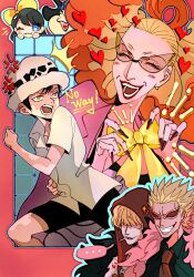  ... 2girls 4boys absurdres baby_5 black_hair black_shirt black_shorts blonde_hair blue_eyes bow brothers buffalo_(one_piece) cigarette closed_eyes coat collared_shirt commentary_request donquixote_doflamingo donquixote_rocinante earrings english_text eyelashes fingernails giolla grin hair_bow hair_over_eyes hat heart highres holding holding_bow_(ornament) jewelry littleblackta long_fingernails long_hair multicolored_hair multiple_boys multiple_girls necktie one_eye_closed one_piece open_mouth orange_eyes orange_hair pink_coat red_nails red_necktie shirt short_hair shorts siblings smile spots sunglasses trafalgar_law two-tone_hair white_hat white_shirt yellow_bow 