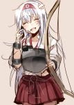  1girl ^_^ bandages blood bow_(weapon) closed_eyes hairband kantai_collection muneate nochita_shin open_mouth shoukaku_(kantai_collection) skirt smile solo torn_clothes weapon white_hair 