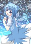  1girl blue_dress blue_eyes blue_hair bow cirno dress fang hair_bow ice ice_wings looking_at_viewer looking_back masiromu open_mouth puffy_sleeves shirt short_sleeves smile solo touhou turning wings 