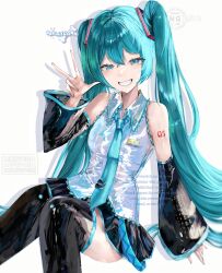  1girl absurdres aqua_eyes aqua_hair aqua_necktie artist_name detached_sleeves grin hatsune_miku highres looking_at_viewer necktie number_tattoo shiny_clothes skellychan smile solo tattoo twintails vocaloid watermark white_background 