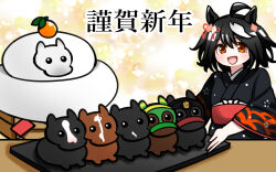  1girl ahoge animal_ears annotated aramori_susumu black_hair black_kimono commentary croix_du_nord_(racehorse) ecoro_duel_(racehorse) equinox_(racehorse) food food_costume gaia_force_(racehorse) happy_new_year hood horse horse_ears horse_girl japanese_clothes kagami_mochi kimono kitasan_black_(umamusume) looking_at_viewer mochi multicolored_hair nengajou new_year oni real_life red_eyes red_sash sash seigaiha short_hair sol_oriens_(racehorse) translated two-tone_hair two_side_up umamusume undersized_animal white_streaks wide_sleeves wilson_tesoro_(racehorse) 