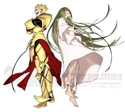  1boy 1other absurdres androgynous arabian_clothes armor blonde_hair enkidu_(fate) fate/strange_fake fate_(series) gilgamesh_(fate) gold_armor green_hair hashtag-only_commentary highres long_hair miwa_shirow other_with_male robe toga white_robe 
