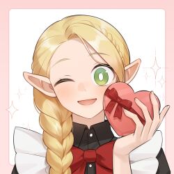  1girl ;d blonde_hair border bow bowtie braid bright_pupils collared_shirt commentary dungeon_meshi elf english_commentary frilled_sleeves frills green_eyes highres holding long_hair looking_at_viewer marcille_donato mayo_(mayo88meshi) one_eye_closed open_mouth pink_border pointy_ears portrait red_bow red_bowtie shirt simple_background single_braid smile sparkle valentine white_background white_pupils 