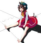  1girl \(^o^)/ animal_ears barefoot brown_hair cat_ears cat_tail chen feet hat hebata looking_at_viewer multiple_tails orange_eyes short_hair simple_background sitting sleeves_pushed_up smile solo tail toes touhou white_background 