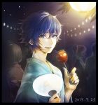  backlighting blue_eyes blue_hair candy_apple fan kaito looking_at_viewer matcha_(higashiya0401) night smile solo_focus traditional_clothes vocaloid 