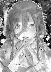  1girl close-up commentary go-toubun_no_hanayome greyscale hair_between_eyes long_hair long_sleeves looking_at_viewer mi8pq monochrome nakano_miku own_hands_together parted_lips scarf sidelocks sketch solo winter_clothes 