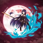  1girl artist_name black_legwear blue_fire choker dated fire full_moon hair_ornament haqua_du_lot_herminium highres kami_nomi_zo_shiru_sekai long_hair miku_fan_(335288848) moon night night_sky purple_hair red_eyes scythe sidesaddle skull_hair_ornament sky smile solo thigh-highs 