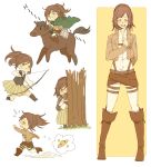  1girl ai-wa arrow boots bow_(weapon) bread brown_hair cape chibi crying eating flying_sweatdrops food horse knee_boots military military_uniform ponytail running sasha_browse shingeki_no_kyojin skirt tears tree uniform weapon 