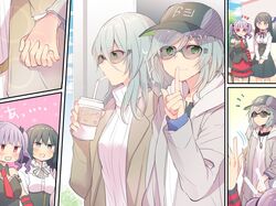  4girls aqua_hair bang_dream! bangs baseball_cap black_eyes black_hair black_neckwear black_shirt black_skirt blush brown_jacket casual comic cup dating day detached_sleeves drinking drinking_straw finger_to_mouth frilled_sleeves frills green_eyes grey_jacket hand_holding hat headwear_writing high-waist_skirt hikawa_hina hikawa_sayo incest jacket jitome long_hair long_sleeves mikan-uji multiple_girls neck_ribbon necktie notice_lines outdoors purple_hair red_eyes red_neckwear red_skirt ribbed_sweater ribbon shirokane_rinko shirt shushing siblings sisters skirt sunglasses sweatdrop sweater twins twintails udagawa_ako waving white_shirt white_sweater yuri 