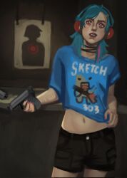  1girl alternate_costume arcane:_league_of_legends black_shorts blue_nails blue_shirt collarbone commentary cowboy_shot english_commentary green_hair gun headphones highres holding holding_gun holding_weapon jinx_(league_of_legends) league_of_legends medium_hair navel pink_eyes powder_(alternate_timeline)_(arcane) red_nails shirt short_sleeves shorts sketch303 solo teeth weapon 