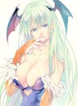  1girl agahari bare_shoulders bat_wings blue_eyes breasts bridal_gauntlets cleavage demon_girl elbow_gloves female gloves green_hair head_wings large_breasts leotard long_hair morrigan_aensland parted_lips solo succubus vampire_(game) wings 