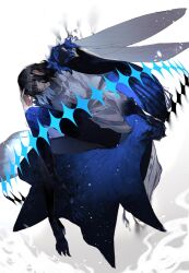  1boy black_hair blue_eyes closed_mouth colored_extremities commentary_request dragonfly_wings fate/grand_order fate_(series) full_body highres looking_at_viewer lying oberon_(fate) oberon_(third_ascension)_(fate) on_side ou_syoku7 puffy_sleeves shirt short_hair simple_background white_background white_shirt 