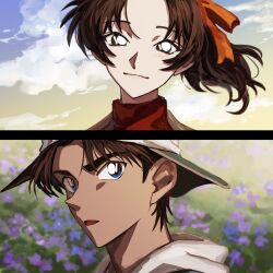  1boy 1girl absurdres blue_eyes brown_hair commentary_request field flower flower_field hair_ribbon hattori_heiji highres light_blush light_smile long_hair looking_at_another meadow meitantei_conan orange_ribbon outdoors parted_bangs parted_lips ponytail red_shirt ribbon shirt short_hair susk_tkc tooyama_kazuha turtleneck upper_body white_hair 