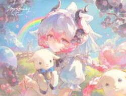 1girl balloon blue_sky bow closed_mouth clouds eyelashes hair_between_eyes hair_bow hair_ornament happy_birthday heart_balloon highres horns long_hair looking_at_viewer original outdoors pink_eyes pink_hair rainbow sheep short_eyebrows sidelocks single_hair_intake sky smile solo sunlight veil white_bow white_veil xrarrow 