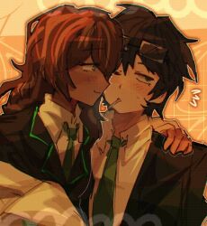  1boy 1girl artist_self-insert averting_eyes black_hair black_jacket black_vest blue_eyes brown_hair cigarette coat collared_shirt green_eyes green_necktie hair_over_one_eye hand_on_another's_shoulder jacket limbus_company long_hair looking_at_another necktie oc_x_canon open_mouth original pointing pointing_at_self project_moon samjo_(project_moon) samjoyume shirt short_hair sweatdrop upper_body vest white_coat white_shirt 